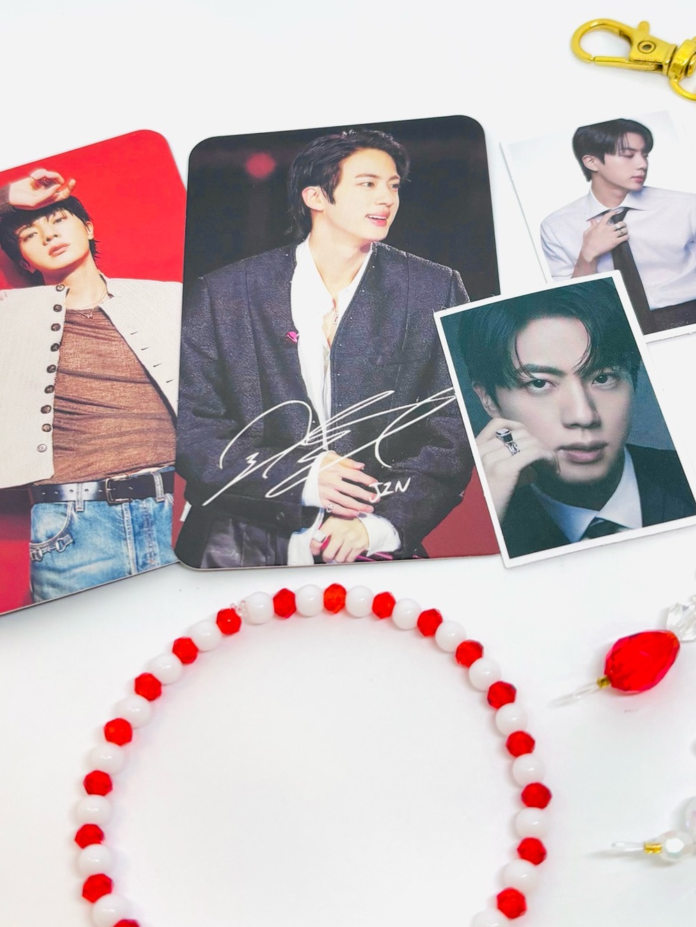 (6pcs) BTS JIN BEADED BRACELET KEYCHAIN PHOTOCARDS STICKERS BUNDLE - Picture 5 of 8
